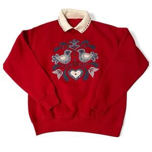 Vintage Sweatshirt Valerie Sockwell Collared Size L Red Birds Hearts Folk Art